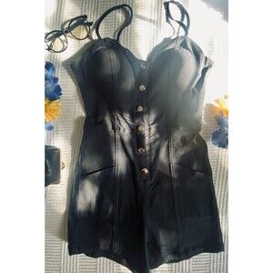 Haute Monde cute stylish black denim romper shorts silver button snaps w pockets